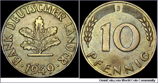 Germany - Federal Republic - 10 Pfennig - 1949 - Weight 4,0 gr - Brass clad steel - Size 21,5 mm - Thickness 1,7 mm - Alignment Medal (0°) - President / Theodor Heuss (1949-59) - Designer / Adolf Jäger - Mintmark 