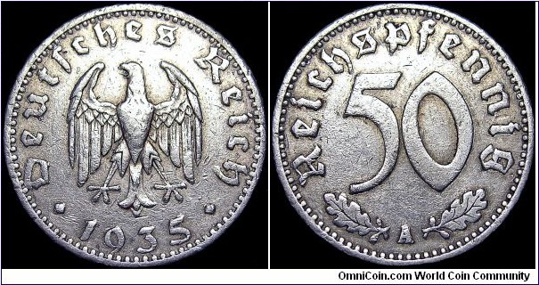 Germany - Third Reich - 50 Reichspfennig - 1935 - Weight 1,3 gr - Aluminium - Size 22 mm - Thickness 1,5 mm - Alignment Medal (0°) - Ruler / Fürer Adolf Hitler - Mintmark 