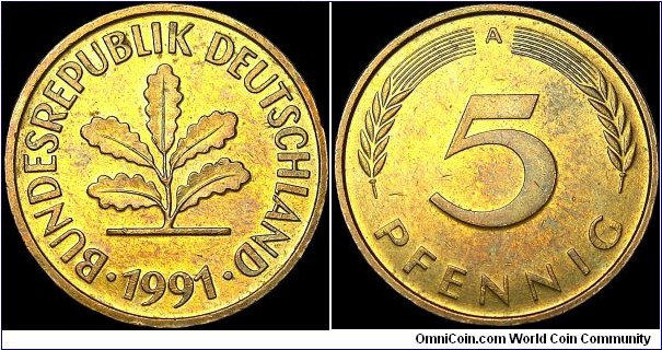 Germany - Federal Republic - 5 Pfennig - 1991 - Weight 3,0 gr - Brass plated steel - Size 18,5 mm - Thickness 1,7 mm - Alignment Medal (0°) - President / Richard Von Weizsäcker (1984-94) - Designer / Adolf Jäger - Mintmark 