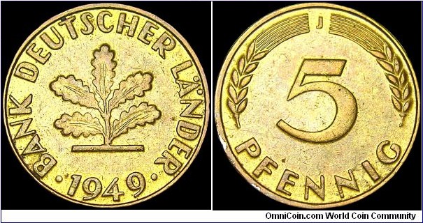 Germany - Federal Republic - 5 Pfennig - 1949 - Weight 3,0 gr - Brass plated steel - Size 18,5 mm - Thickness 1,62 mm - Alignment Medal (0°) - President / Theodor Heusse (1949-59) - Designer / Adolf Jäger - Mintmark 