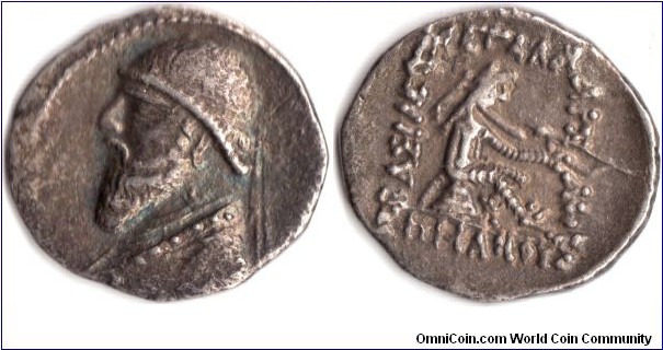 silver drachm of Mithridates II `King of Kings' (123-88 bc) of Parthia, Northern Iran.