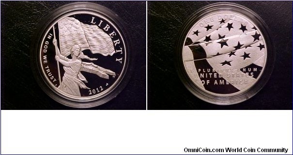 Proof version of the 2012 Star Spangled Banner commemorative silver dollar.