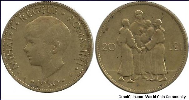 Romania 20 Lei 1930 -  Mihai I (no mintmark, Royal Mint London)
