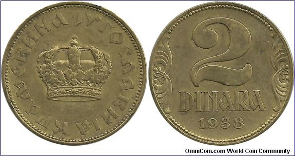 Yugoslavia 2 Dinara 1938-small crown (Rare coin)