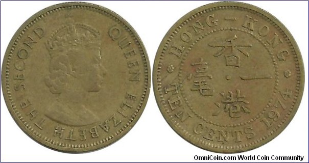 HongKong 10 Cents 1974 - reeded edge