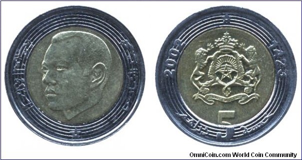 Morocco, 5 dirhams, 2002, Cu-Ni-Brass, bi-metallic, 25mm, 7.53g, King Mohammed VI.