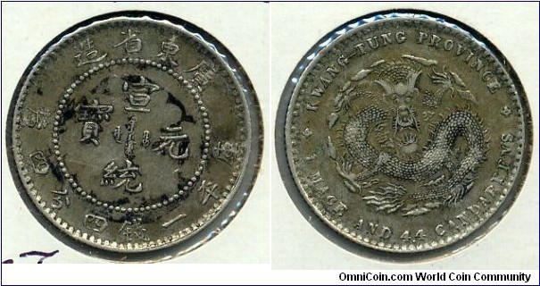 20-Cent Silver Coin, Hsuan Tung, Kwang Tung Province.