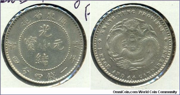 20-Cent Silver Coin, Kuang Hsu, Kwang Tung Province.