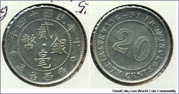 20-Cent Silver Coin, Kwang-Si Province.