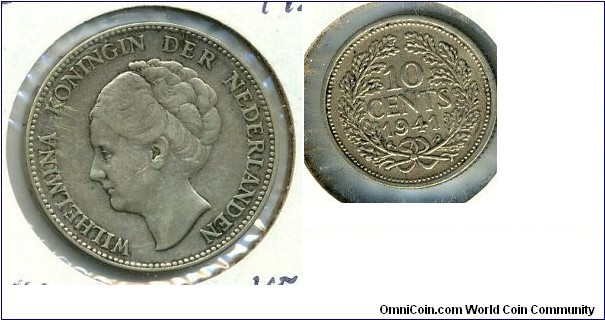 10-Cent Silver Coin, 14mm, Netherlands Antilles, 1941P.