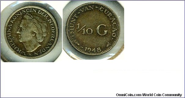 1/10-Gulden Silver Coin, 14mm, Netherlands Antilles.