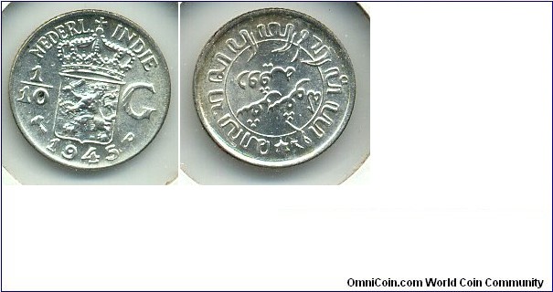 1/10 G Silver Coin, 14mm, Netherlands East Indies, 1945P. 
