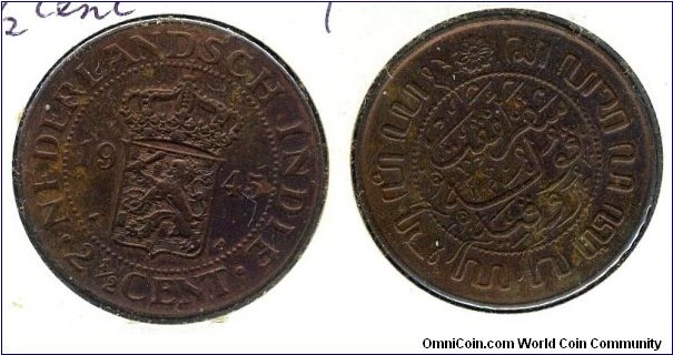 2.5-Cent Copper Coin, 31mm, Netherlands East Indies, 1945. 