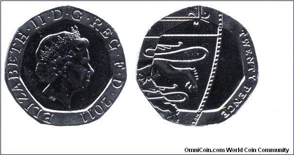 United Kingdom, 20 pence, 2011, Cu-Ni, 7 sided, 21.4mm, 5g, Queen Elizabeth II.