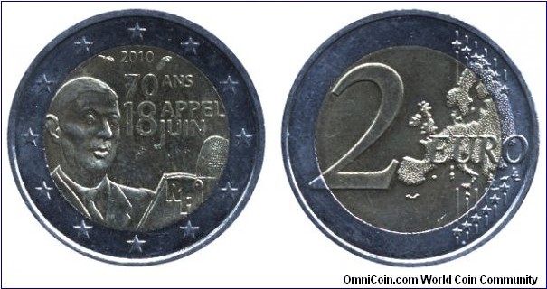 France, 2 euros, 2010, Cu-Ni-Ni-Brass, bi-metallic, 25.75mm, 8.5g, 70 ans Appel 18 Juin, Charles de Gaulle.