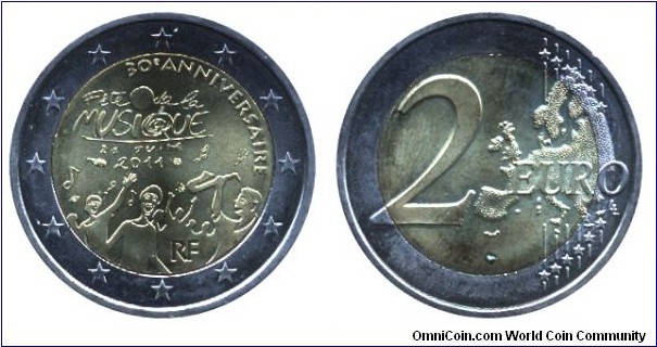 France, 2 euros, Cu-Ni-Ni-Brass, bi-metallic, 25.75mm, 8.5g, 30 Anniversaire, Fete de la Musique, 21 Juin, 2011.