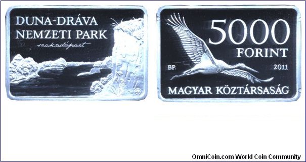 Hungary, 5000 forints, 2011, Ag, 39.6mm, 31.46g, Stork, Duna-Dráva National Park.