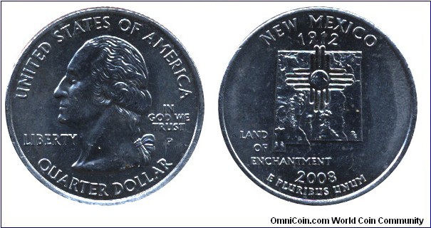 USA, 1/4 dollar, 2008, Cu-Ni, 24.26mm, 5.67g, MM: P, New Mexico - 1912, Land of Enchantment, G. Washington