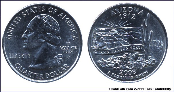 USA, 1/4 dollar, 2008, Cu-Ni, 24.26mm, 5.67g, MM: P, Arizona - 1912, Grand Canyon State, G. Washington