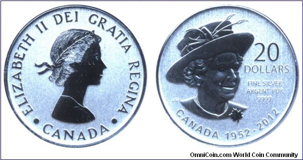 Canada, 20 dollars, 2012, Ag, 27mm, 7.96g, Canada 1952-2012, Diamond Jubilee, Queen Elizabeth II.