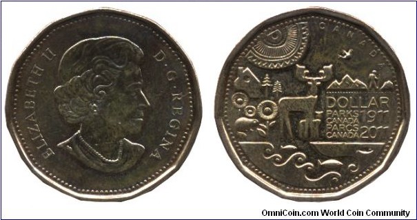 Canada, 1 dollar, 2011, 11-sided, Parks Canada, 1911-2011, H: Queen Elizabeth II.
