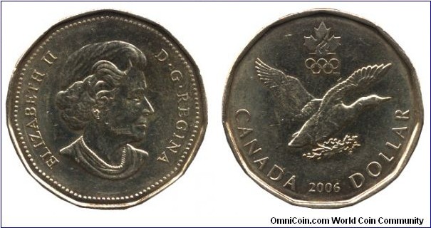 Canada, 1 dollar, 2006, Ni-Bronze, 26,5mm, 7g11-sided, Common Loon, Olympics, Queen Elizabeth II.