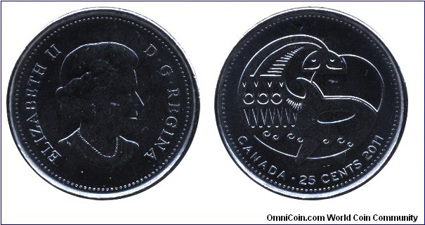 Canada, 25 cents, 2011, Orca (not colored), Queen Elizabeth II.