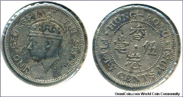 Hong Kong Fifty Cents, King George VI, Copper-Nickel.