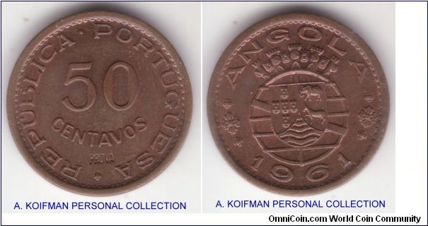 KM-Pr55, 1961 Portuguese Angola 50 centavos prova; bronze, reeded edge; mostly brown uncirculated.