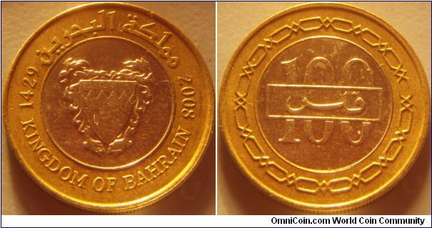 Bahrain | 
100 Fils, 2008 (1429) | 
24 mm, 6 gr. | 
Bi-Metallic: Copper-nickel centre in Brass ring | 

Obverse: National Coat of Arms | 
Lettering: 1429 مملكة البحرين 2008 KINGDOM OF BAHRAIN | 

Reverse: Denomination | 
Lettering: 100 فلس |