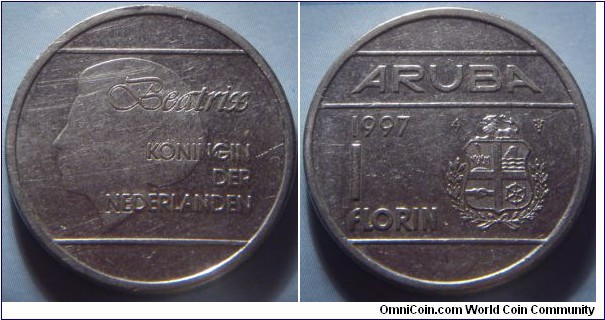 Aruba | 
1 Florin, 1997| 
26 mm, 8.5 gr. | 
Nickel bonded Steel | 

Obverse: Queen Beatrix facing left | 
Lettering: BEATRIX KONINGIN DER NEDERLANDEN | 

Reverse: Year and denomination left, National Coat of Arms right | 
Lettering: 1997 ARUBA 1 FLORIN |