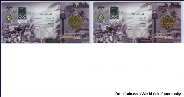 2000 Commemorative $1 struck for the Olymphilex fair held in Sydney and Canberra. Left is the 'C' Mint Mark for the Canberra fair & Right is the 'S' Mint Mark for the Sydney fair