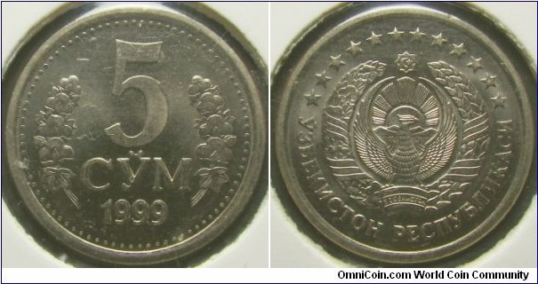 Uzbekistan 1999 5 som. A rather tough coin to find. 