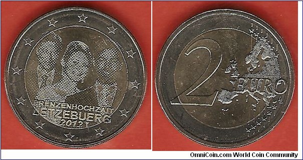 2 euro coin commemorating the wedding of crown prince Guillaume with countess Stephanie de Lannoye