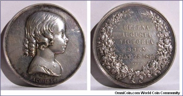 1850 UK Royal Family Children HELENA AUGUSTA VICTORIA Medal by L.C. Wyon. Silver: 32MM.
Obv: Protrait of Young Helena Augusta Victoria to right signed L.C.W. AUG: 1850. Rev: Wreath surround with legend HELENA AUGUSTA VICTORIA BORN MAY 25, 1848
