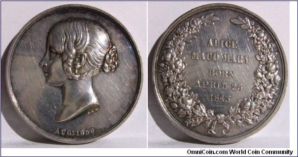 1850 UK Royal Family Children ALICE MAUD MARY Medal by L.C. Wyon. Silver: 32MM.
Obv: Portrait of Young Alice Maud Mary to left signed L.C.W. AUG: 1850. Rev: Wreath surround with legend ALICE MAUD MARY BORN APRIL 25, 1843
