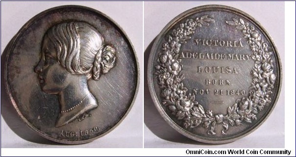 1850 UK Royal Family Children VICTORIA ADELAIDE MARY LOUISA Medal by L.C. Wyon. Silver: 32MM.
Obv: Portrait of Young Victoria Adelaide Mary Louisa to left signed L.C.W. AUG: 1850. Rev: Wreath surroung with legend VICTORIA ADELAIDE MARY LOUISA BORN NOV 24, 1840
