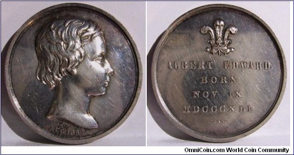 1850 UK Royal Family Children ALBERT EDWARD Medal by L.C. Wyon. Silver: 32MM.
Obv: Portrait of Young Albert Edward to right signed L.C.W. AUG.1850. Rev: Coat of Arm of Wales, legend ALBERT EDWARD BORN NOV IX MDCCCXLI. (Nov 9, 1841)
