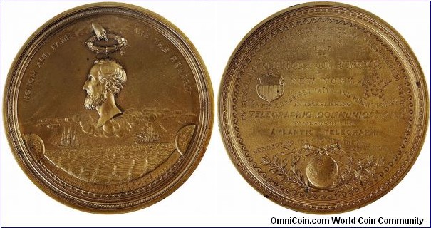 1867 Cyrus Field Medal issued by the US Mint. PE# 10. Copper. 103 mm. Engraved by William Barber. Struck in two time periods, the first gold medal was struck in April 1868 and lost in a Treasury Department safe. The second striking period was in December 1868 (the first gold medal was finally found in 1874). A massive and highly impressive Mint medal. Only the slightest friction is noted over the high points of Field's portrait.