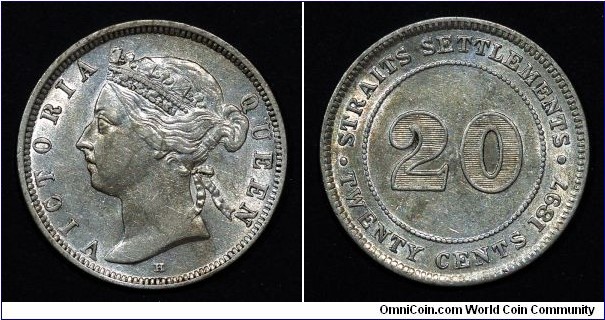 Straits Settlements Q Victoria 20cts Silver Mintage:185,000 XF+