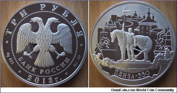 3 Rubles - 350 years of the city of Penza - 33.94 g Ag .925 Proof - mintage 5,000
