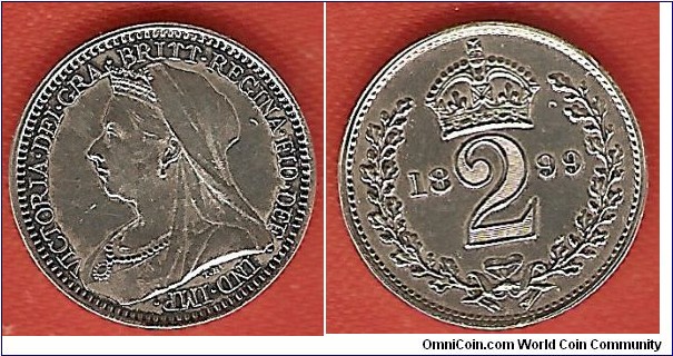 Maundy 2 pence 1899. Sterling silver. Mintage 15.000
