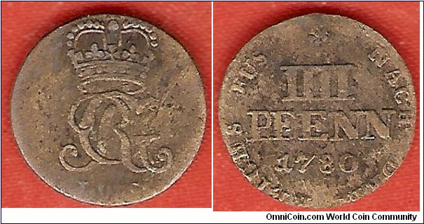 Brunswick-Luneburg 4 pfennig in billon.
Monogram of George III, elector of Brunswick-Luneburg-Hannover and king of Great Britain
