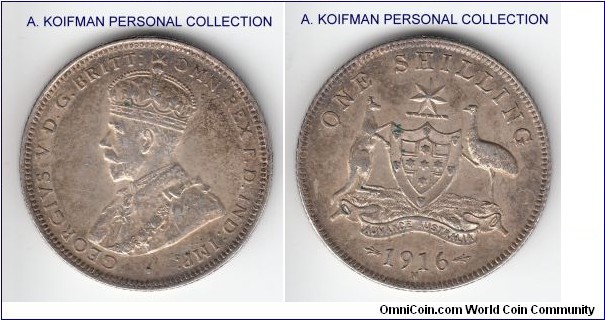 KM-26, 1916 Australia shilling, Melbourne mint (M mintmark below date); silver, reeded edge; good extra fine, nice luster under the tone, especially on reverse.