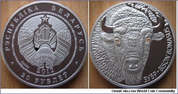 20 Rubles - Bison - 31.1 g Ag .999 Proof (with 2 Swarovski crystals) - mintage 5,000