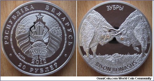 20 Rubles - Bisons - 31.1 g Ag .999 Proof (with 2 Swarovski crystals) - mintage 4,000