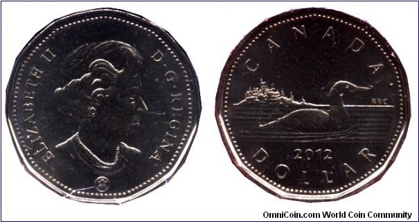 Canada, 1 dollar, 2012, 11-sided, Common Loon, Queen Elizabeth II.