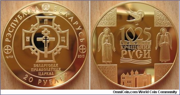 20 Rubles - 1025 years of the christianization of Kievan Rus - 33.62 g Ag .925 Proof (gold plated) - mintage 3,000