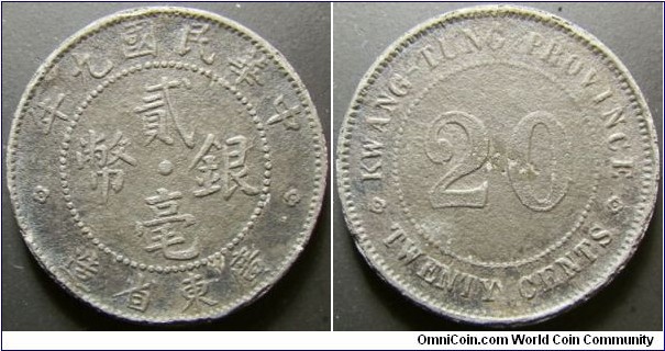 China Guangdong Province 1920 20 cents contemporary counterfeit. Extremely light - possible lead zinc alloy??? Weight: 4.41g. 