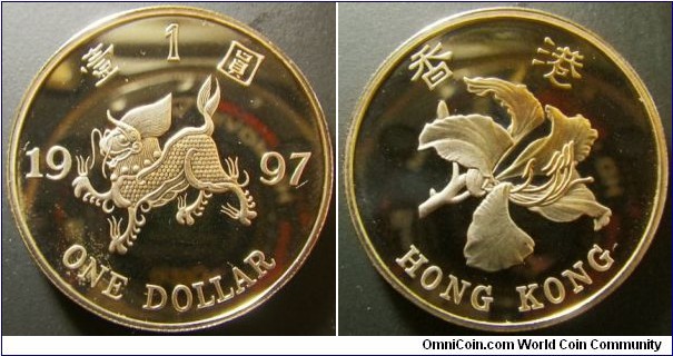 Hong Kong 1997 1 dollar proof. Some tarnish. 